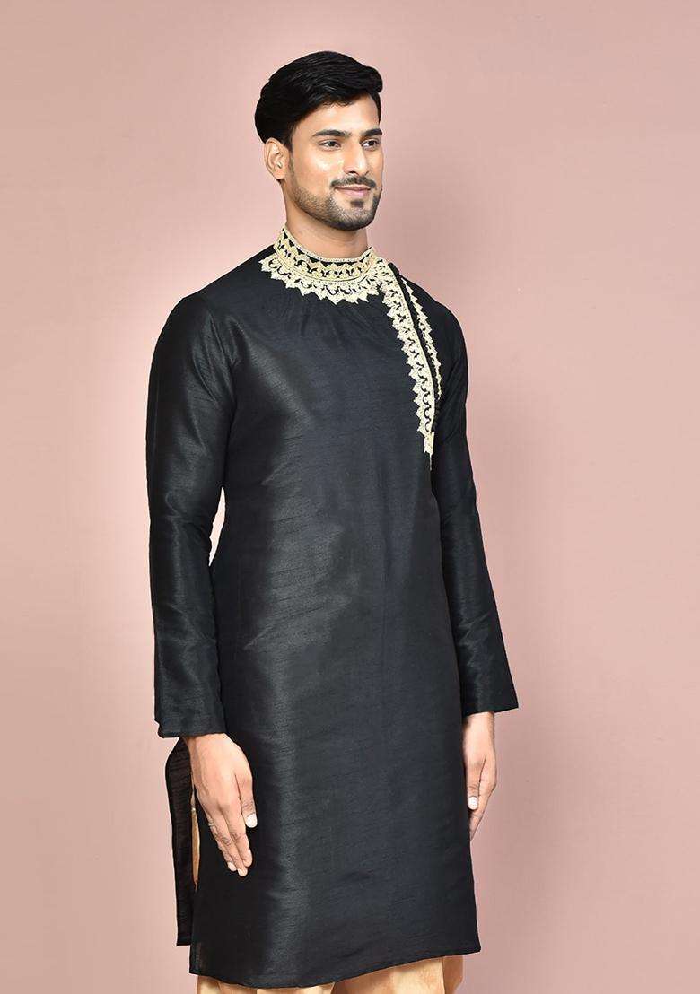 Black Silk Kurta For Men - Indya