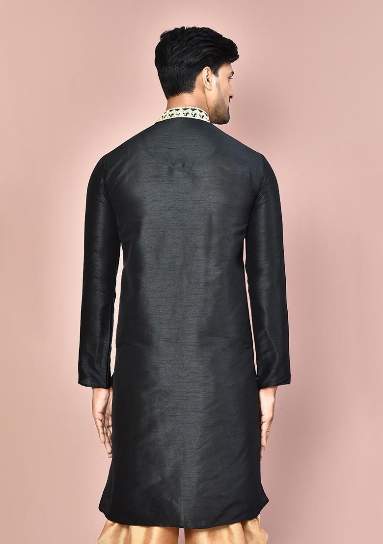 Black Silk Kurta For Men - Indya