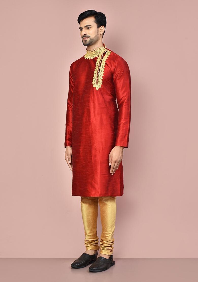 Red Silk Kurta For Men - Indya