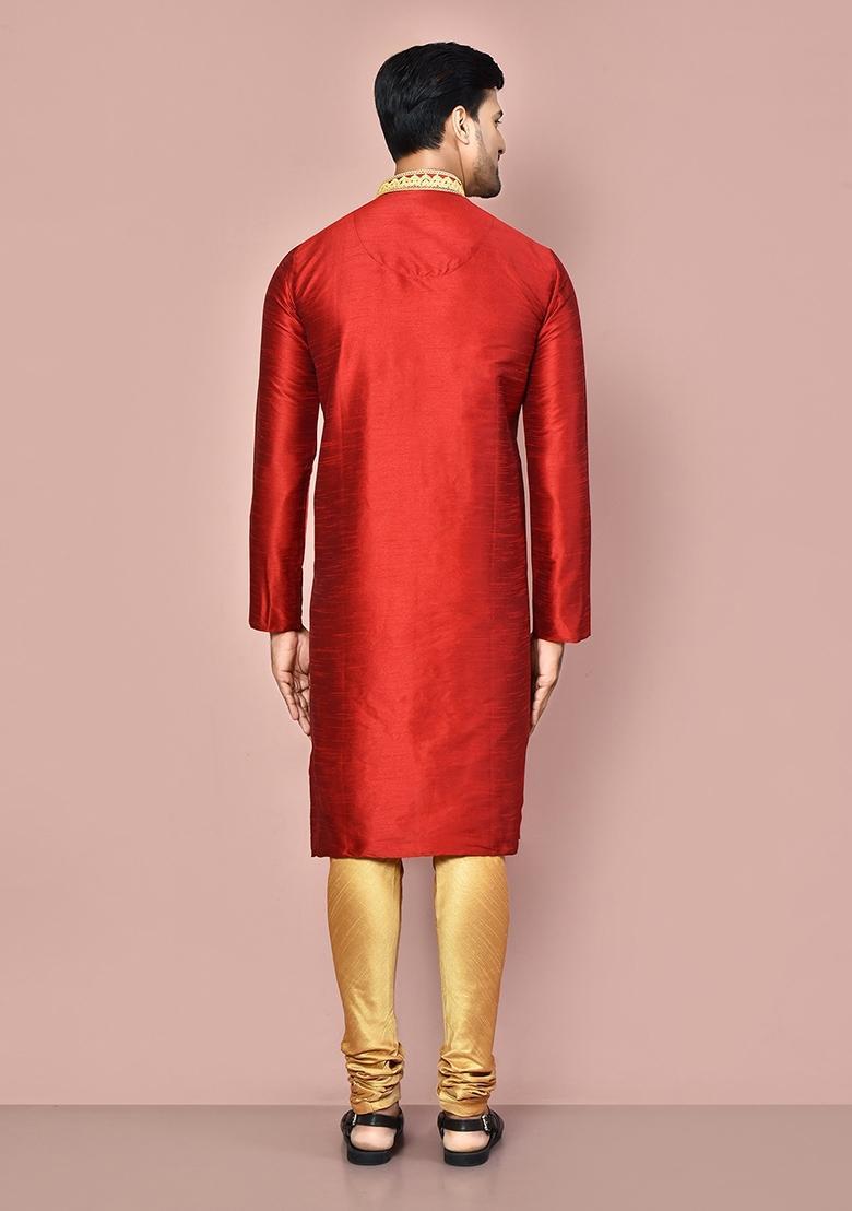 Red Silk Kurta For Men - Indya