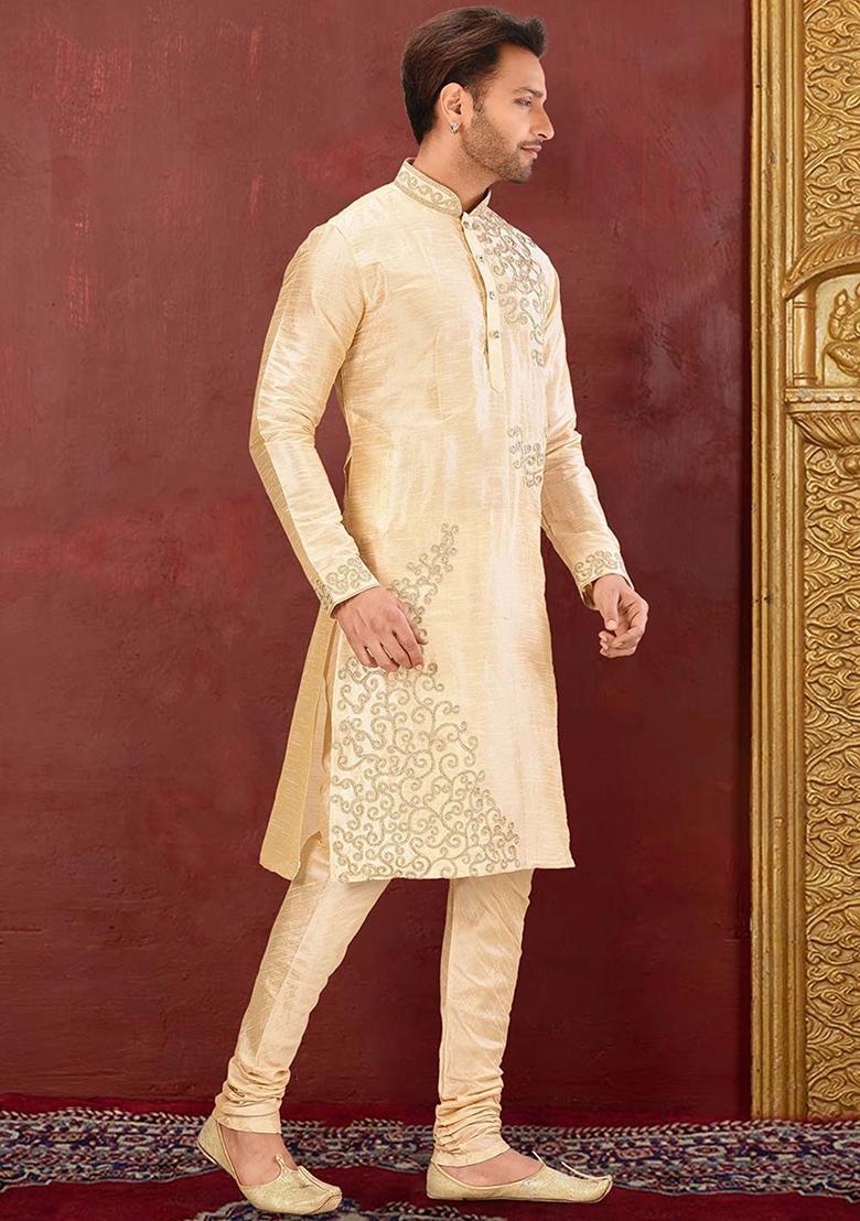 Fawn Silk Kurta Set For Men - Indya