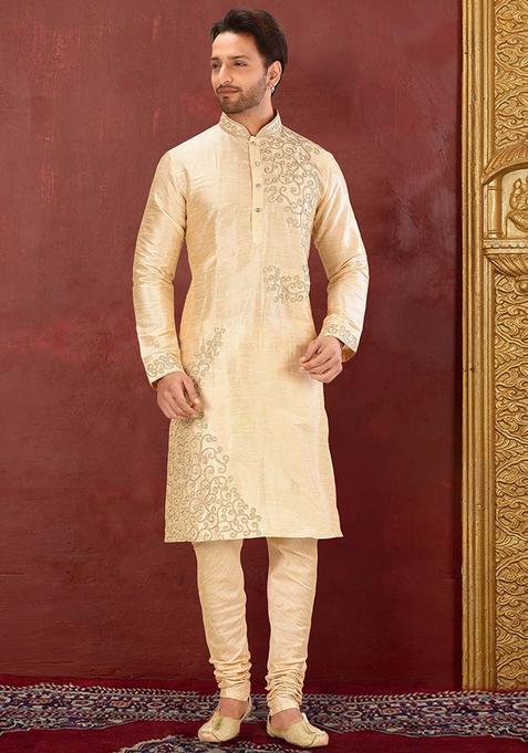 Fawn Silk Kurta Set For Men