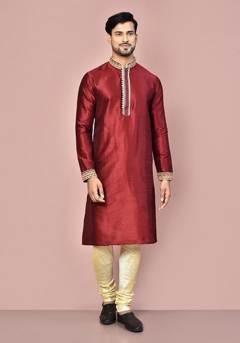 Maroon Silk Kurta Set For Men
