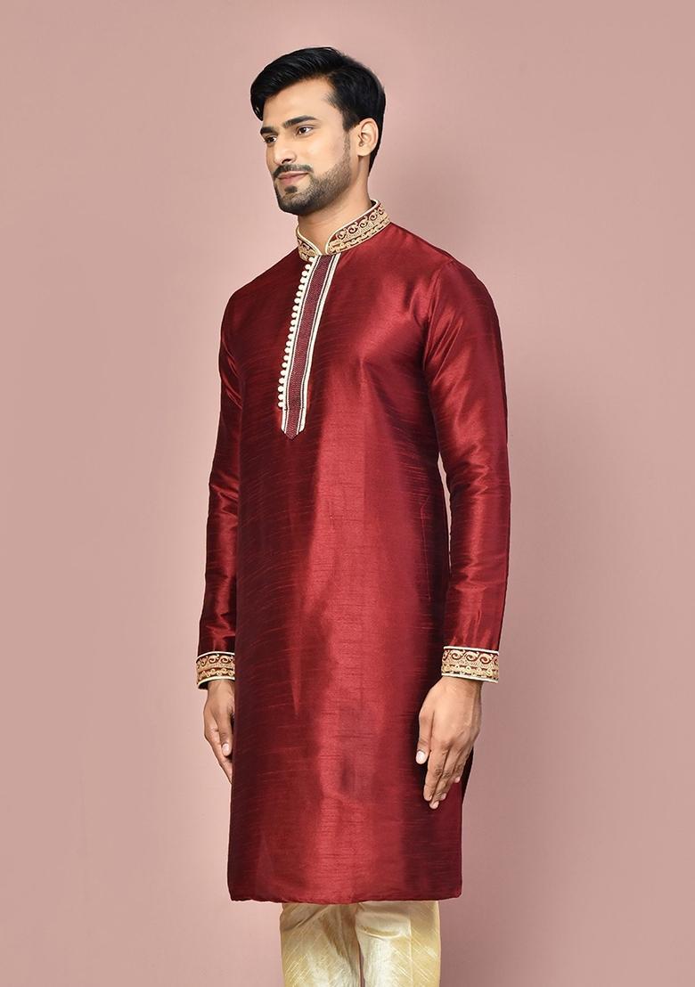 Maroon Silk Kurta For Men - Indya