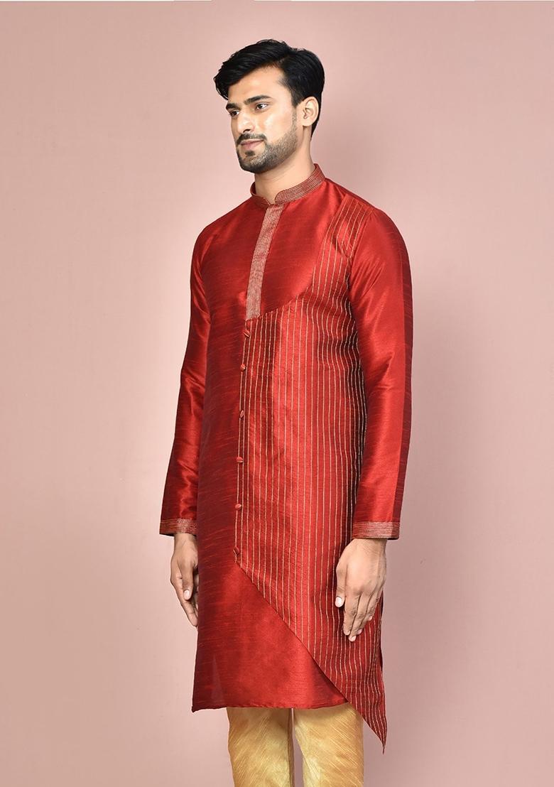 Red Silk Kurta For Men - Indya
