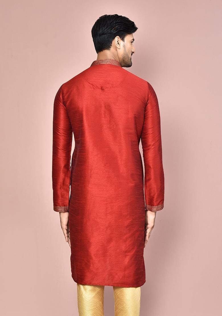 Red Silk Kurta For Men - Indya