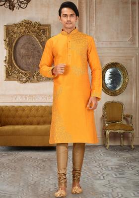 Yellow Silk Kurta Set For Men