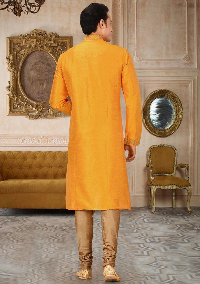 Yellow Silk Kurta Set For Men - Indya