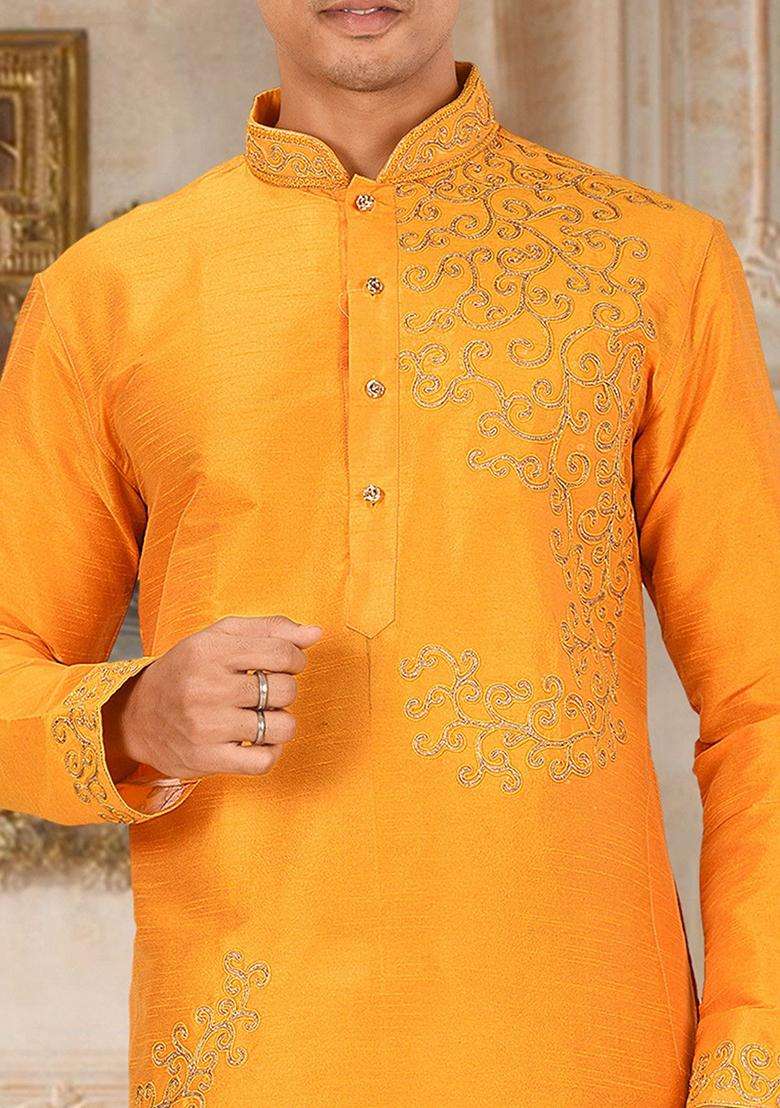 Yellow Silk Kurta Set For Men - Indya