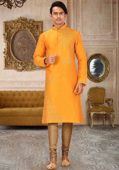 Yellow Silk Kurta Set For Men