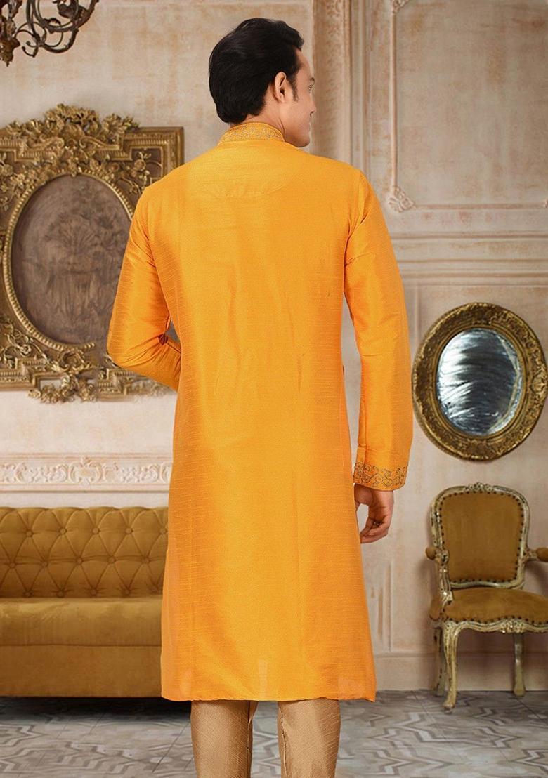 Yellow Silk Kurta For Men - Indya