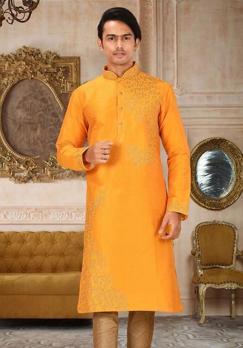 Yellow Silk Kurta For Men