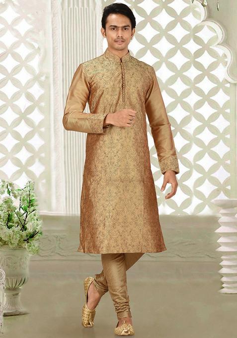 Chiku Silk Kurta Set For Men