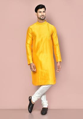 Yellow Silk Kurta Set For Men