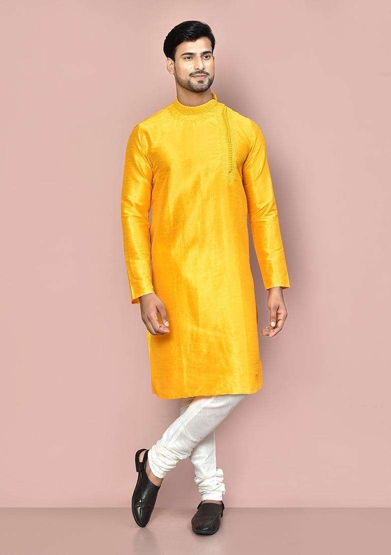 Yellow Silk Kurta Set For Men - Indya