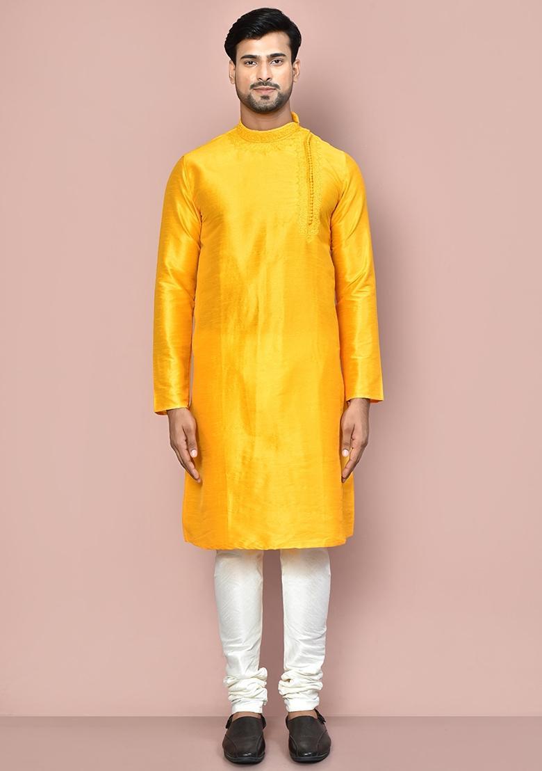 Yellow Silk Kurta Set For Men - Indya