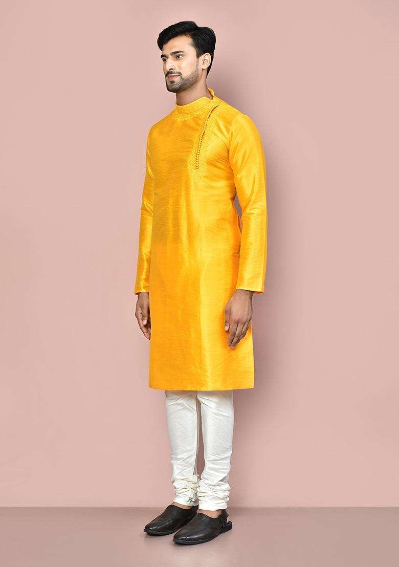 Yellow Silk Kurta Set For Men - Indya
