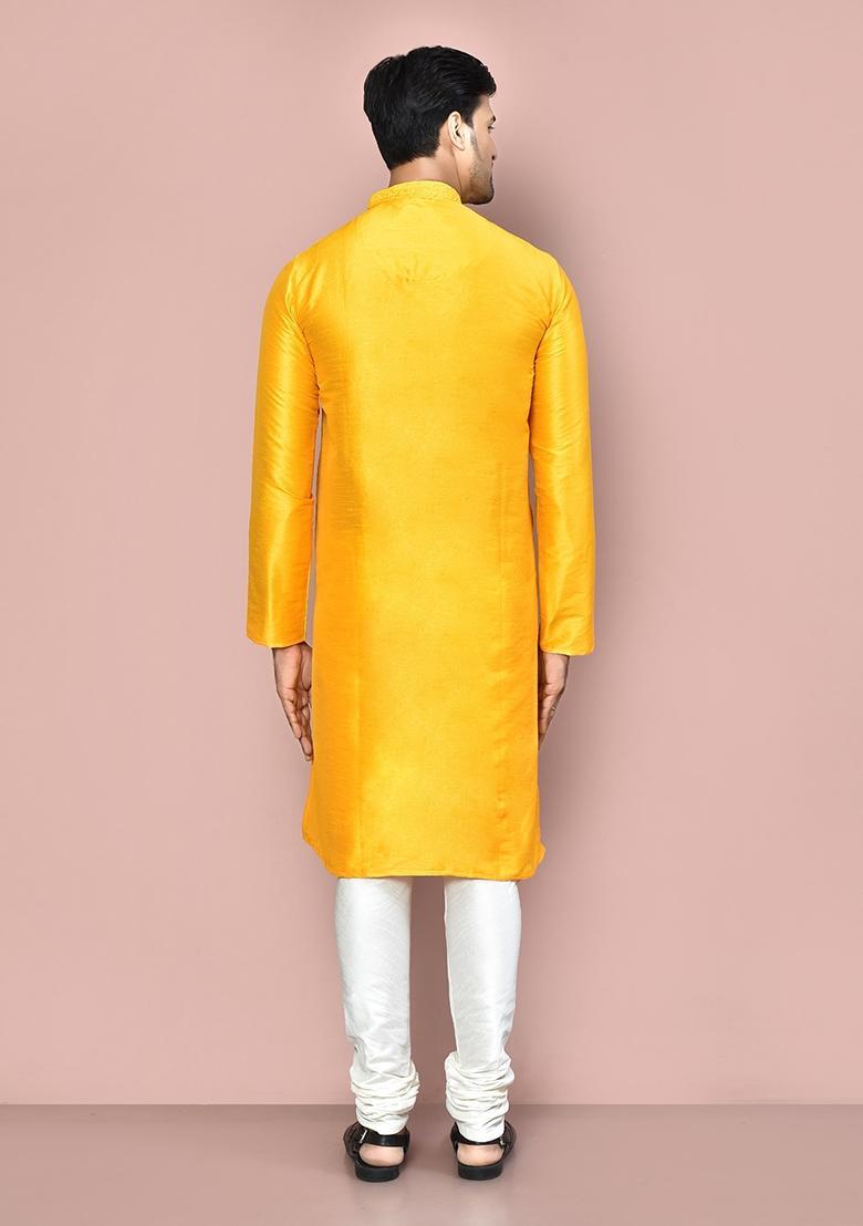 Yellow Silk Kurta Set For Men - Indya