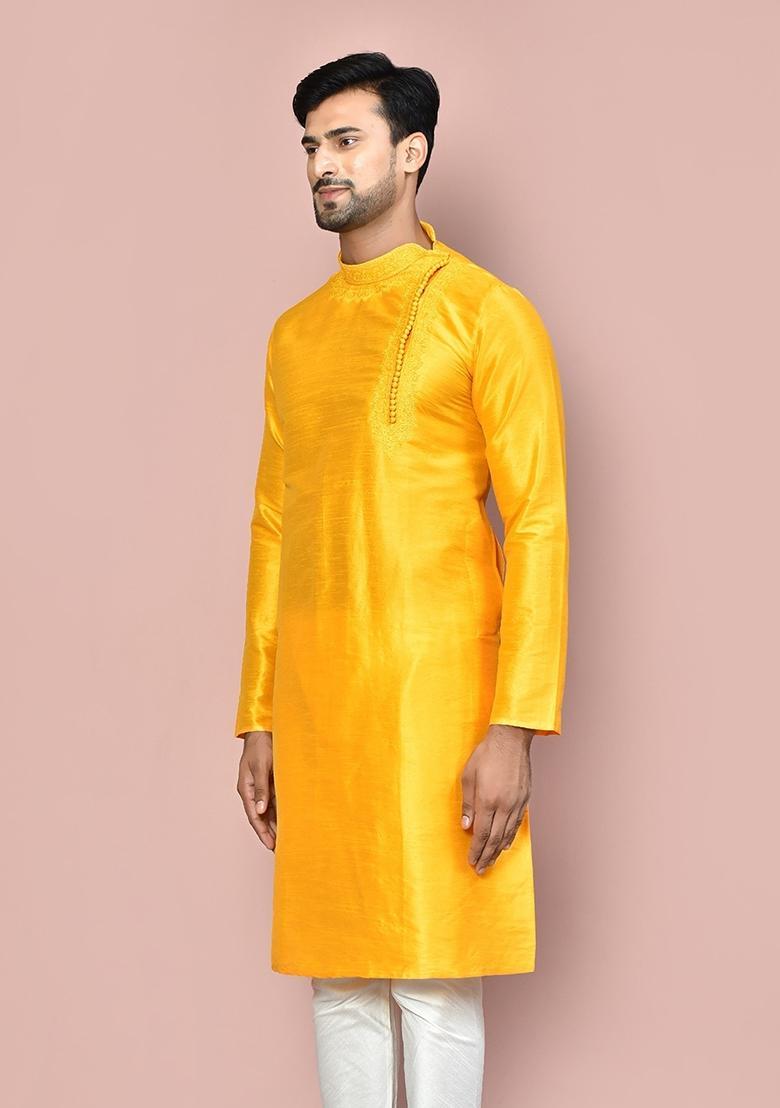 Yellow Silk Kurta For Men - Indya