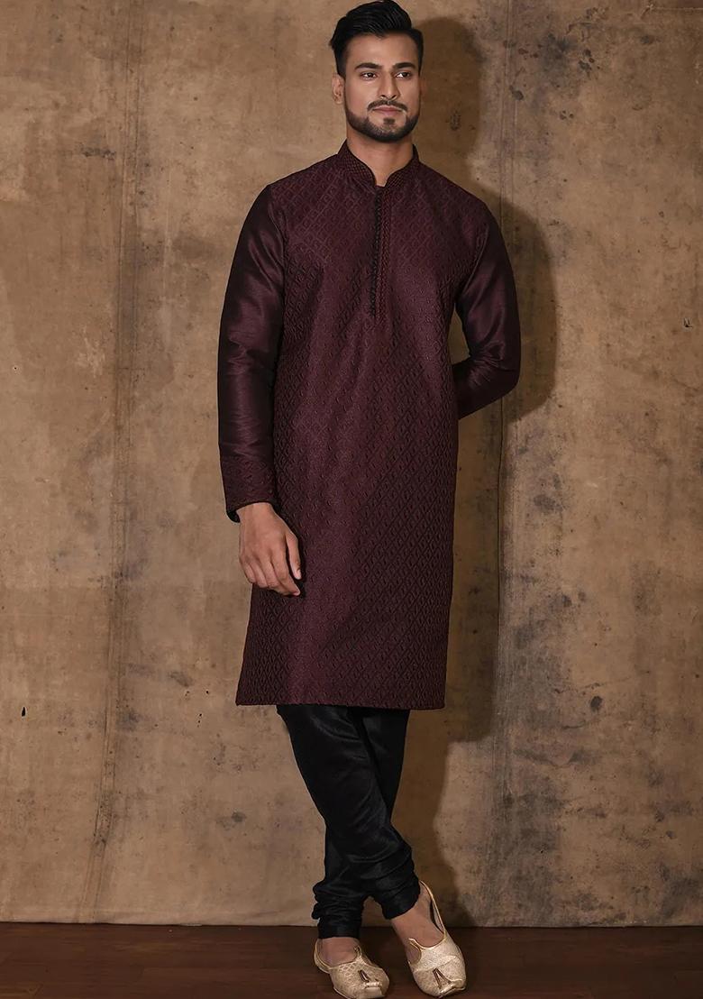 Wine Silk Kurta For Men - Indya