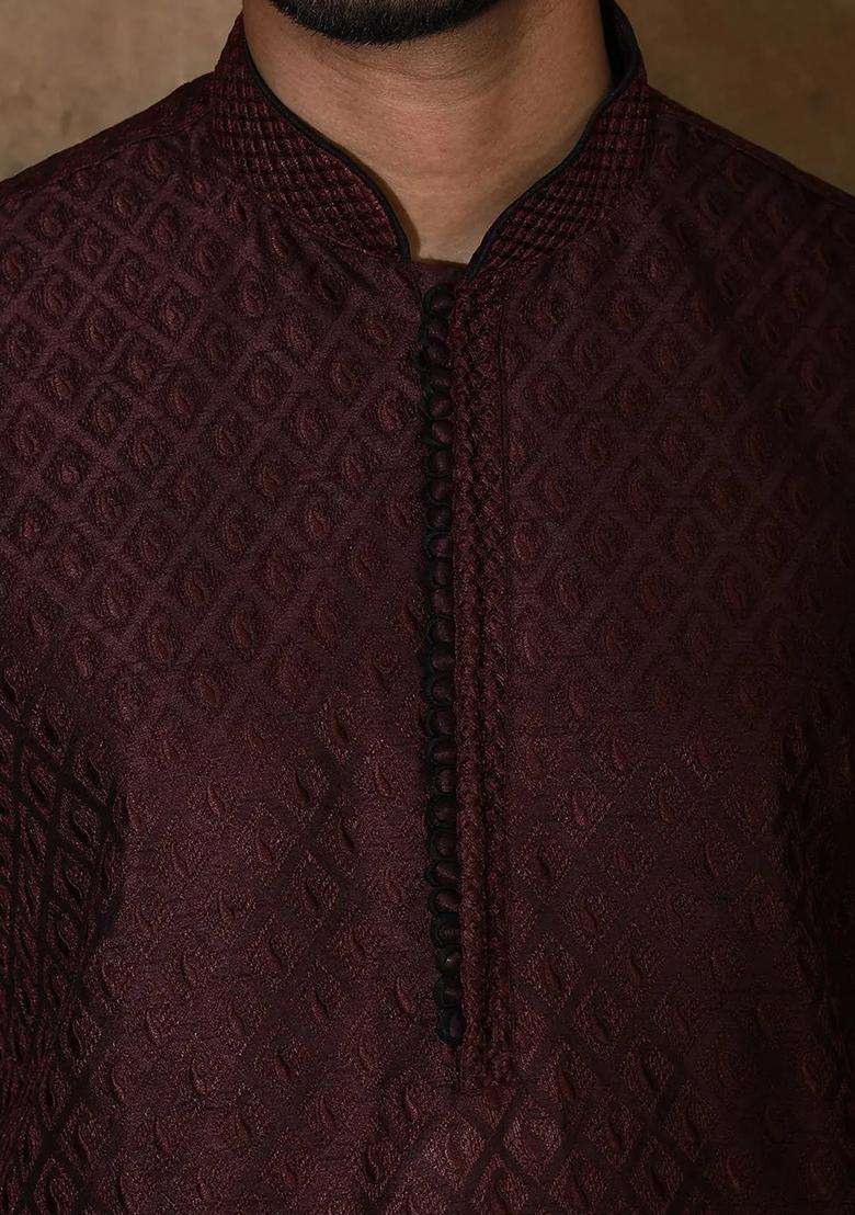 Wine Silk Kurta For Men - Indya