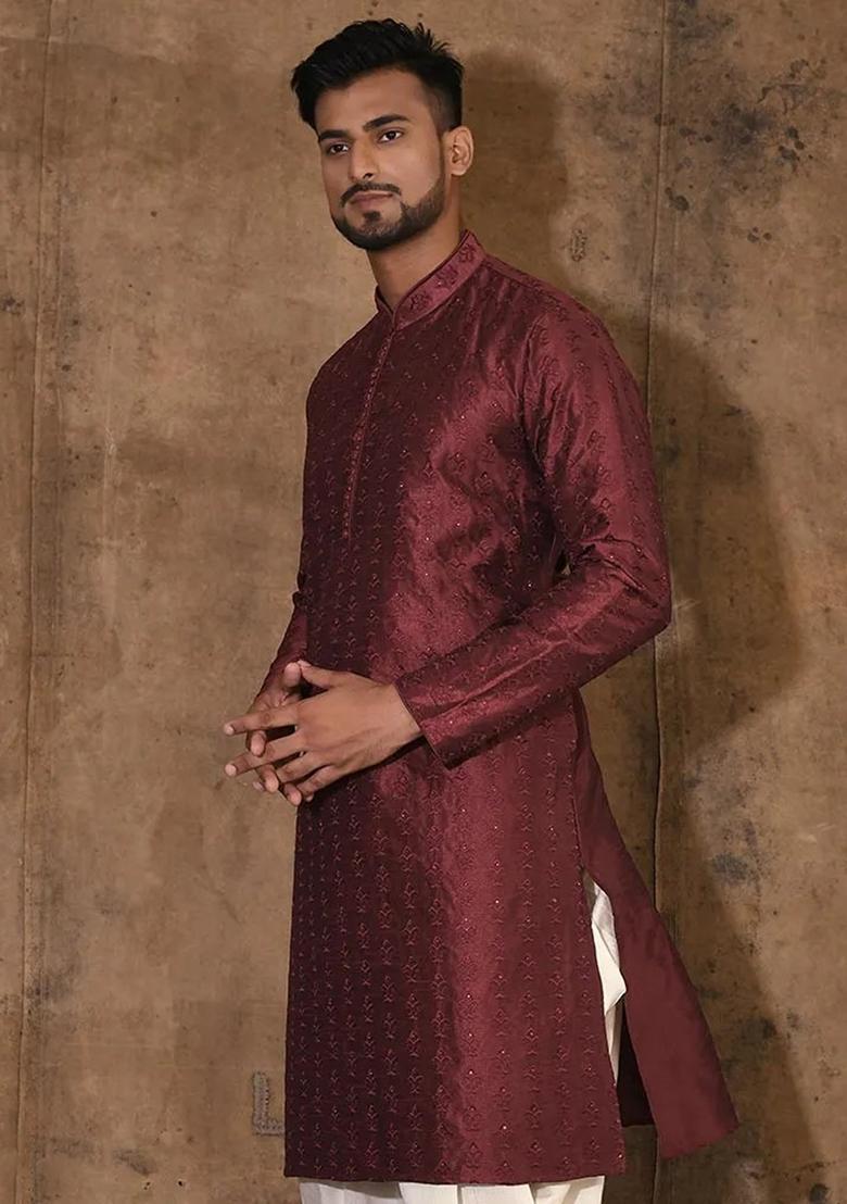 Red Silk Kurta For Men - Indya