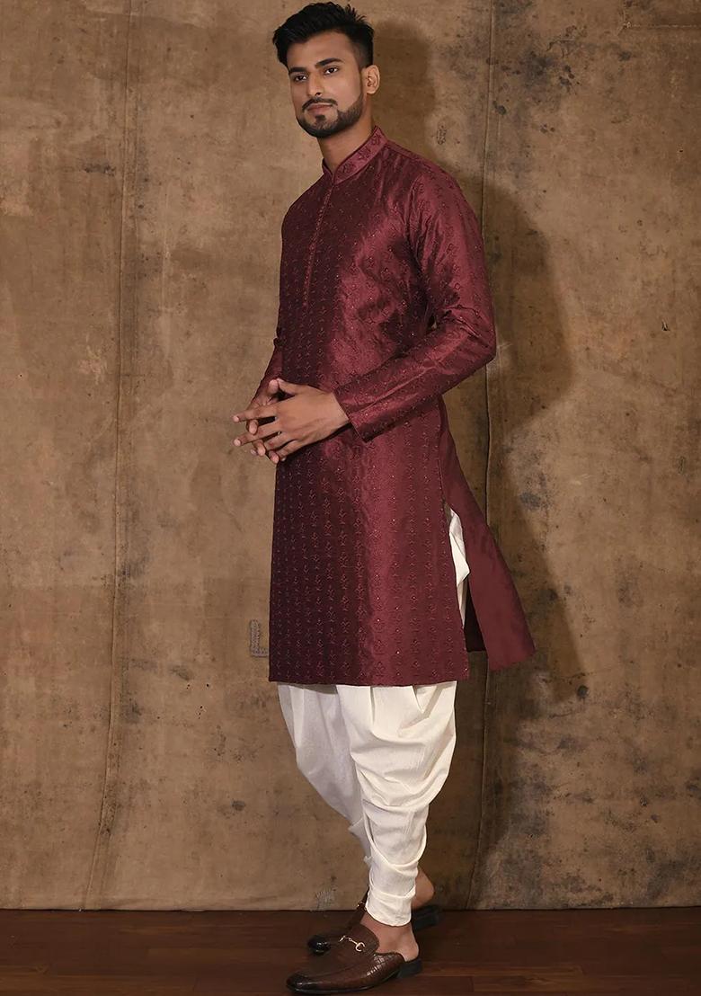 Red Silk Kurta For Men - Indya