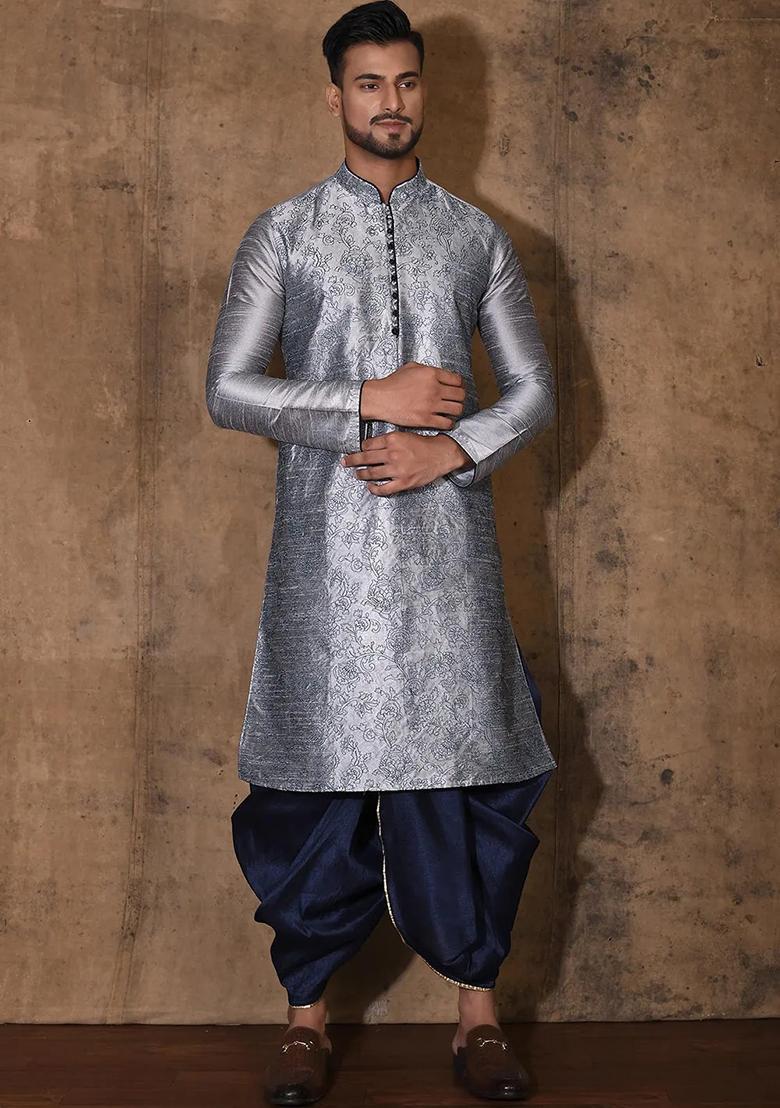 Grey Silk Kurta For Men - Indya