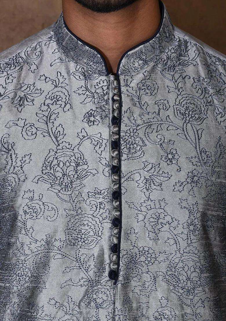 Grey Silk Kurta For Men - Indya