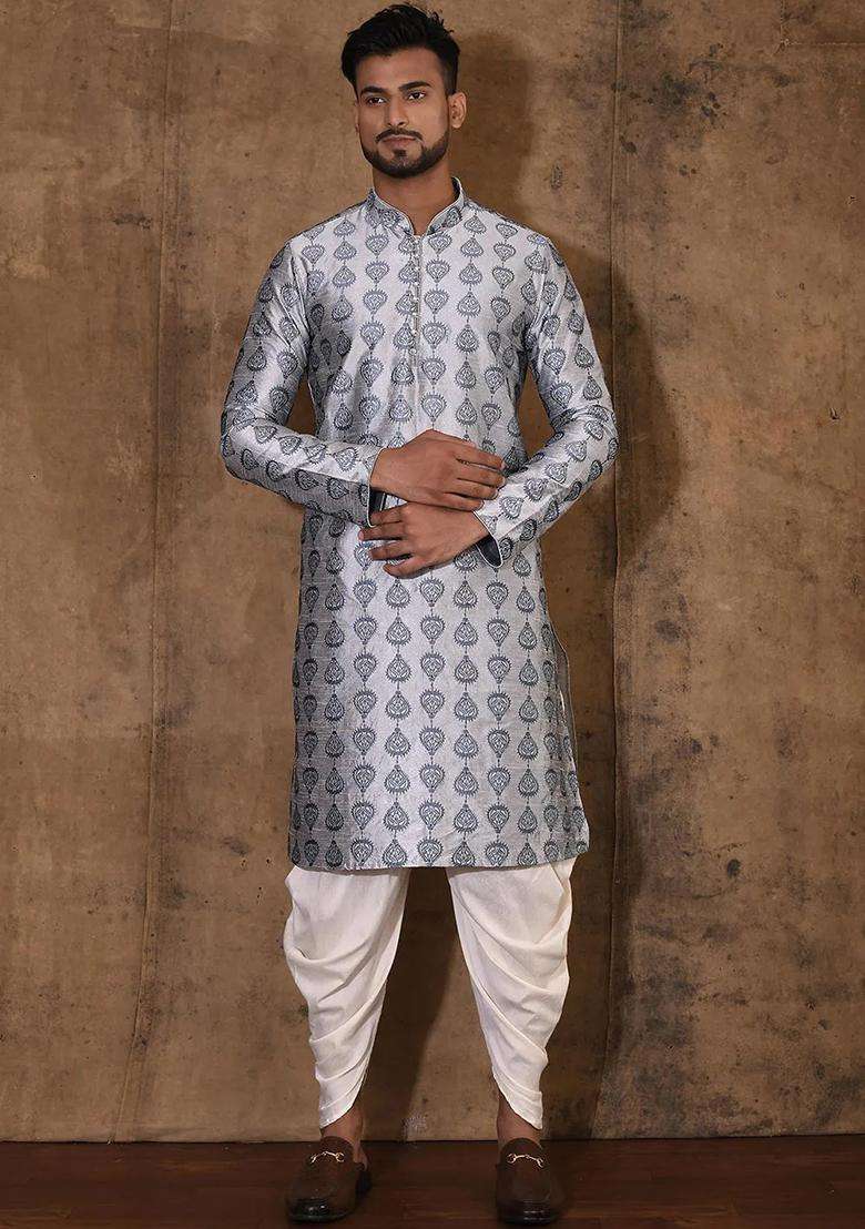 Grey Silk Kurta For Men - Indya