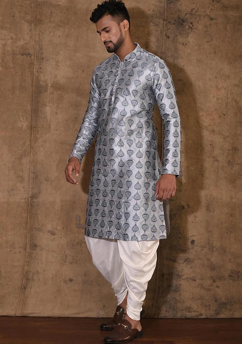 Grey Silk Kurta For Men - Indya