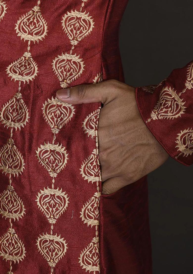 Red Silk Kurta For Men - Indya