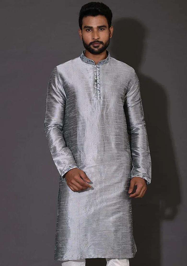 Grey Silk Kurta For Men - Indya