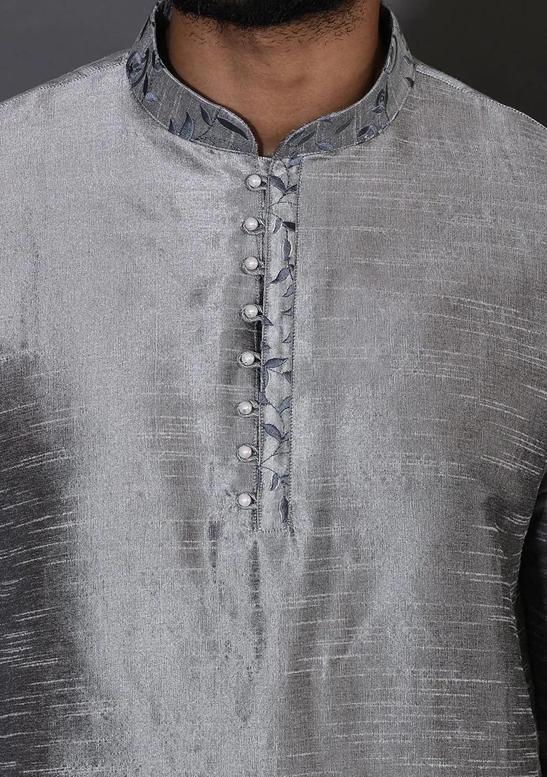 Grey Silk Kurta For Men - Indya