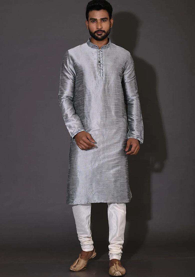 Grey Silk Kurta For Men - Indya