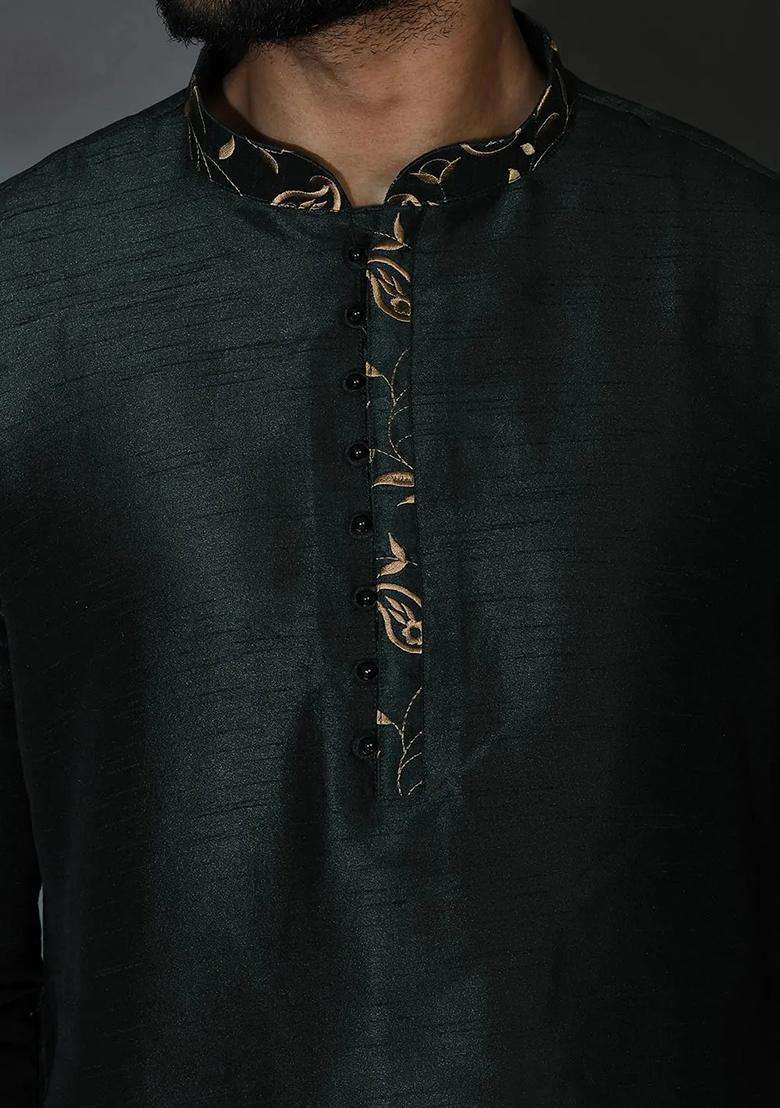 Bottle Green Silk Kurta For Men - Indya