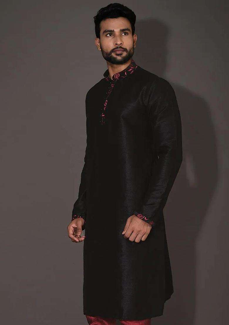 Black Silk Kurta For Men - Indya