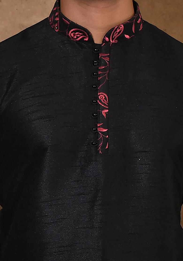 Black Silk Kurta For Men - Indya