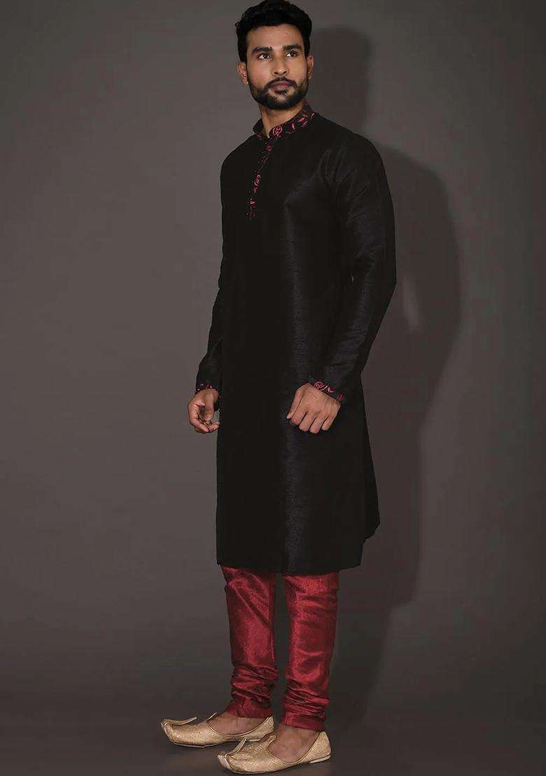 Black Silk Kurta For Men - Indya