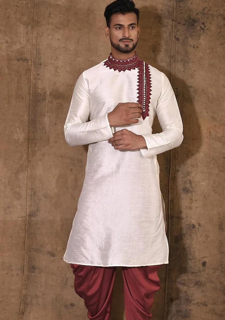 Cream Silk Kurta For Men - Indya