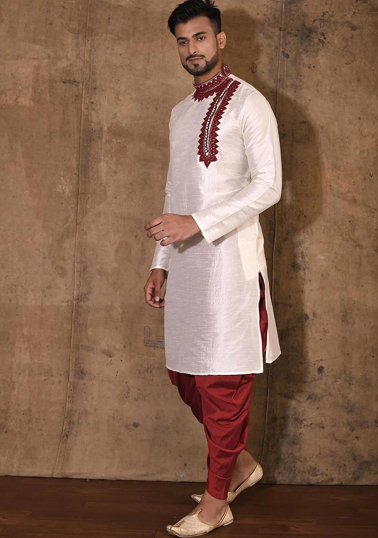 Cream Silk Kurta For Men - Indya