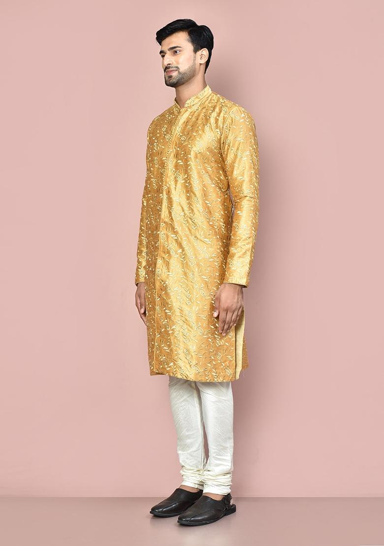 Beige Embroidered Silk Kurta Set For Men - Indya
