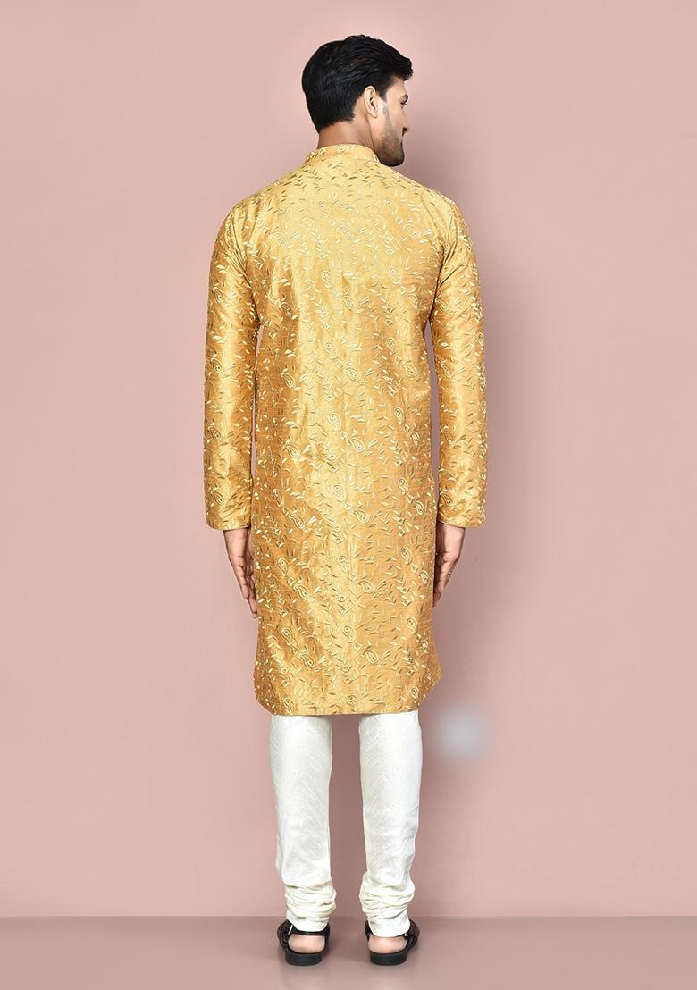 Beige Embroidered Silk Kurta Set For Men - Indya