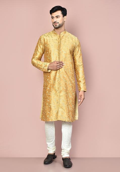 Beige Embroidered Silk Kurta Set For Men