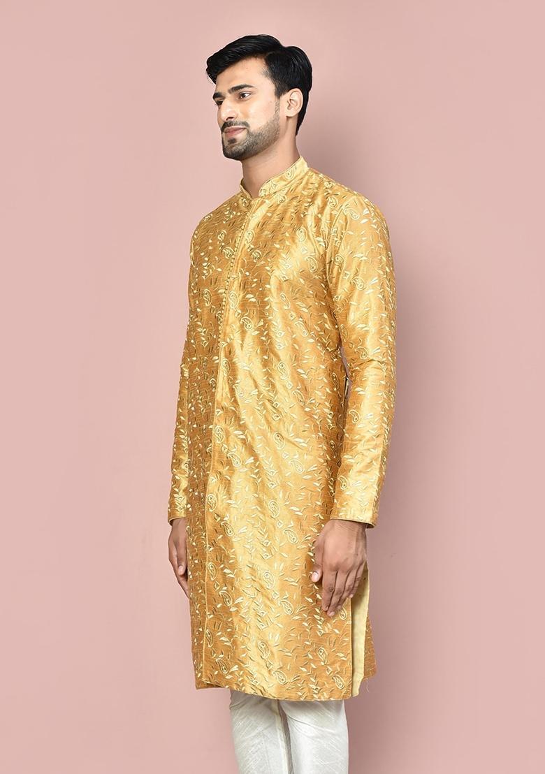 Beige Embroidered Silk Kurta For Men - Indya
