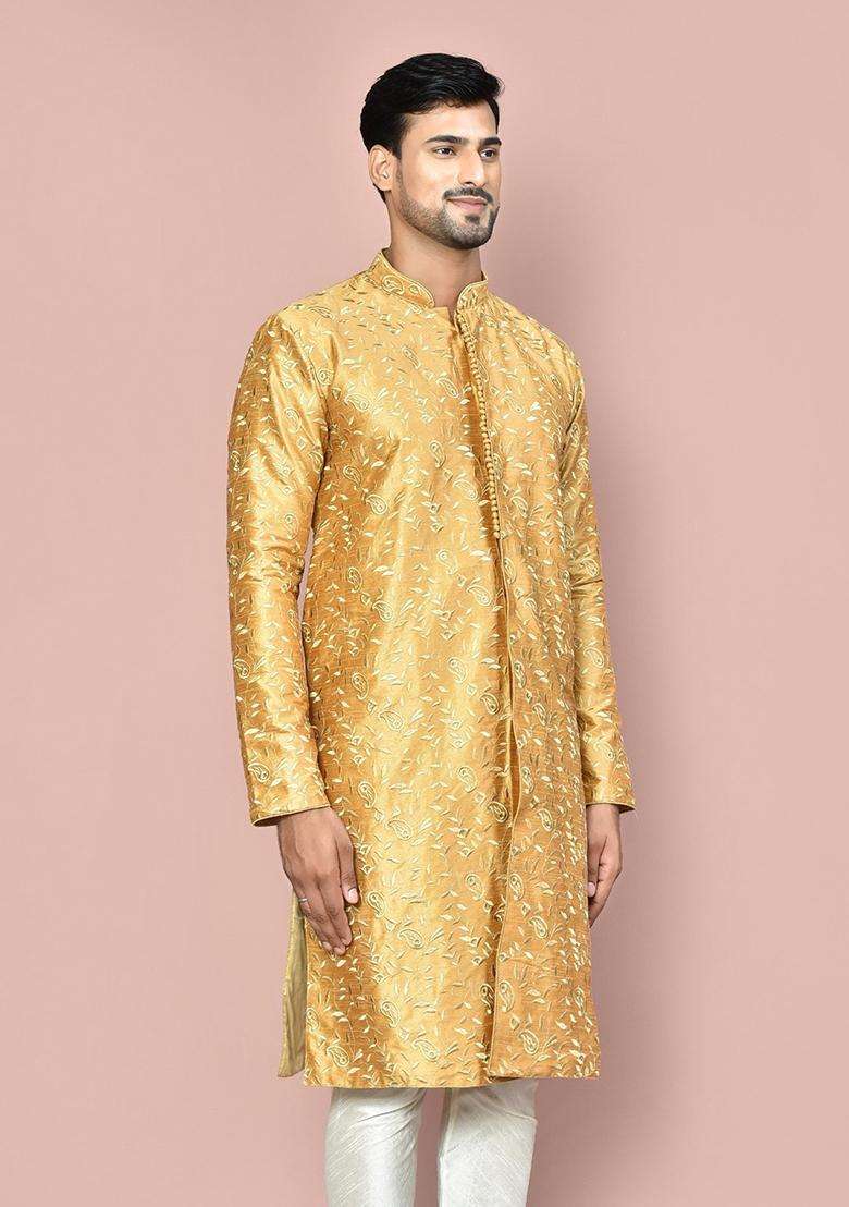 Beige Embroidered Silk Kurta For Men - Indya