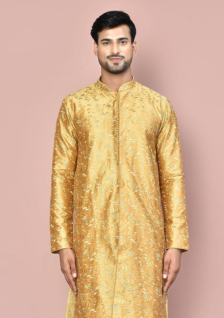 Beige Embroidered Silk Kurta For Men - Indya