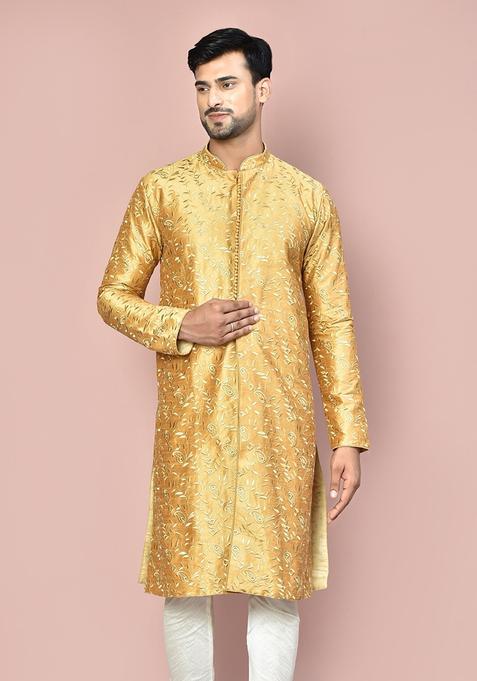 Beige Embroidered Silk Kurta For Men