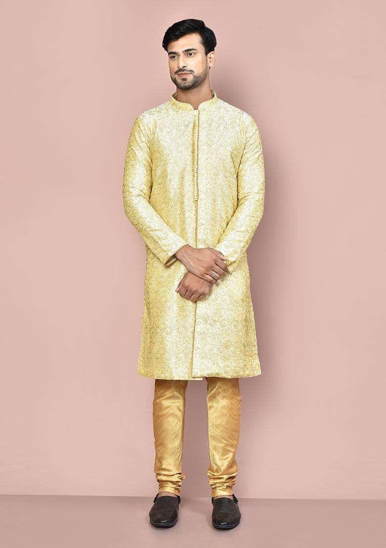 Fawn Embroidered Silk Kurta Set For Men - Indya