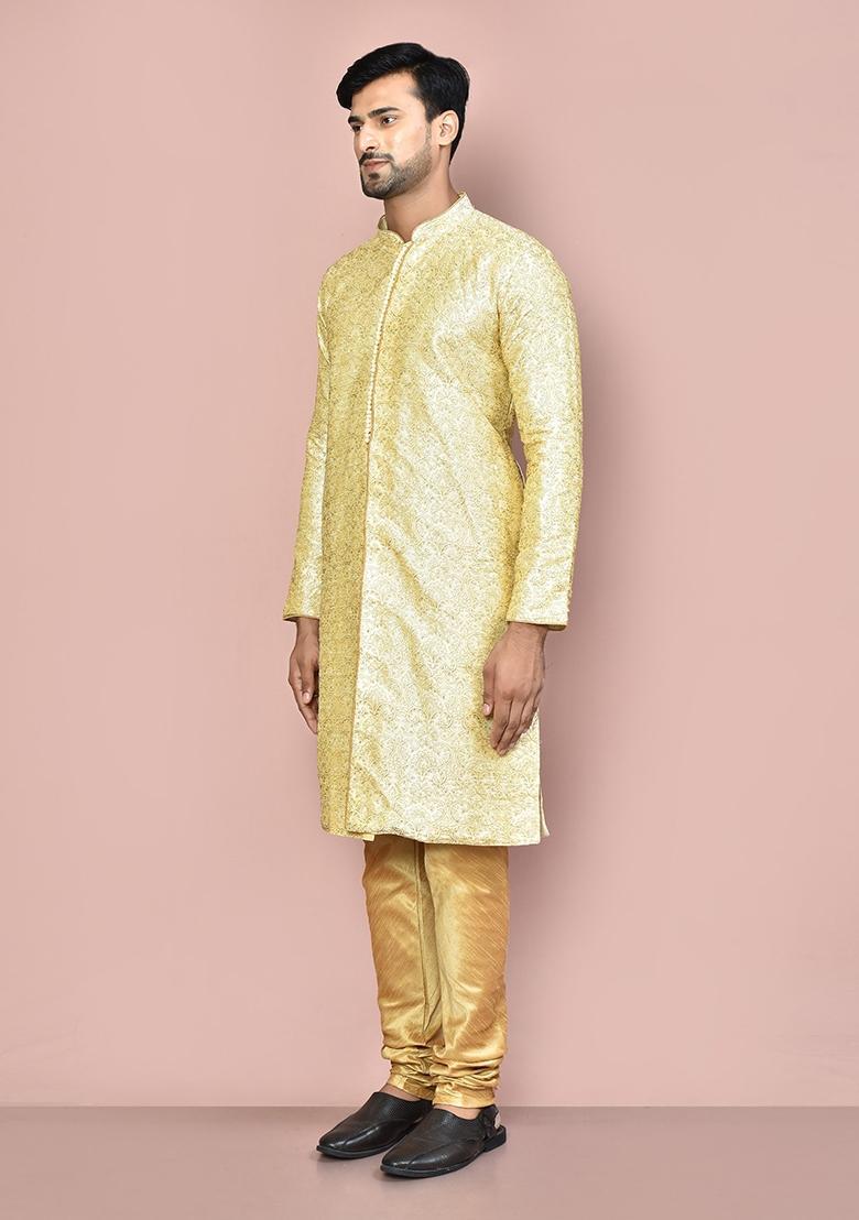 Fawn Embroidered Silk Kurta Set For Men - Indya